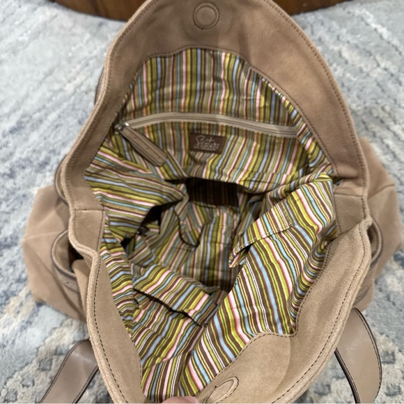 Longaberger Fold Over Hobo Handbag Purse Suede Leather Taupe Sisters P - Picture 8 of 12